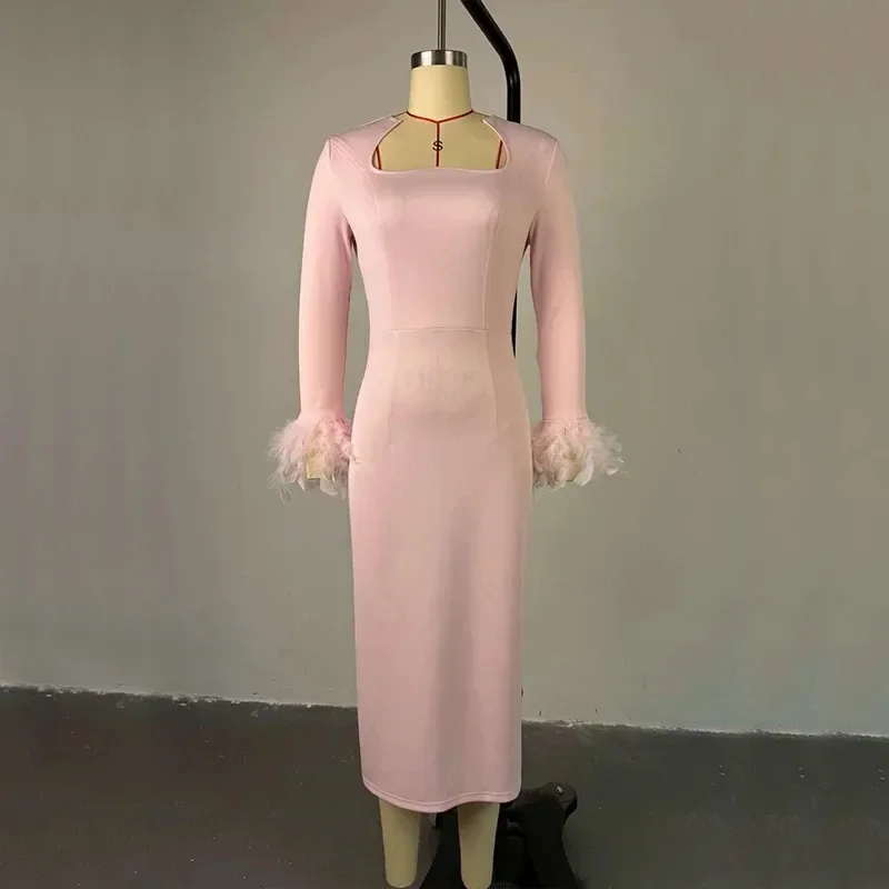 New Arrival Women Sexy High Waisted Long Sleeve Feather Trim Split Bandage Dress OL 2025 Elegant Evening Club Party Dresses