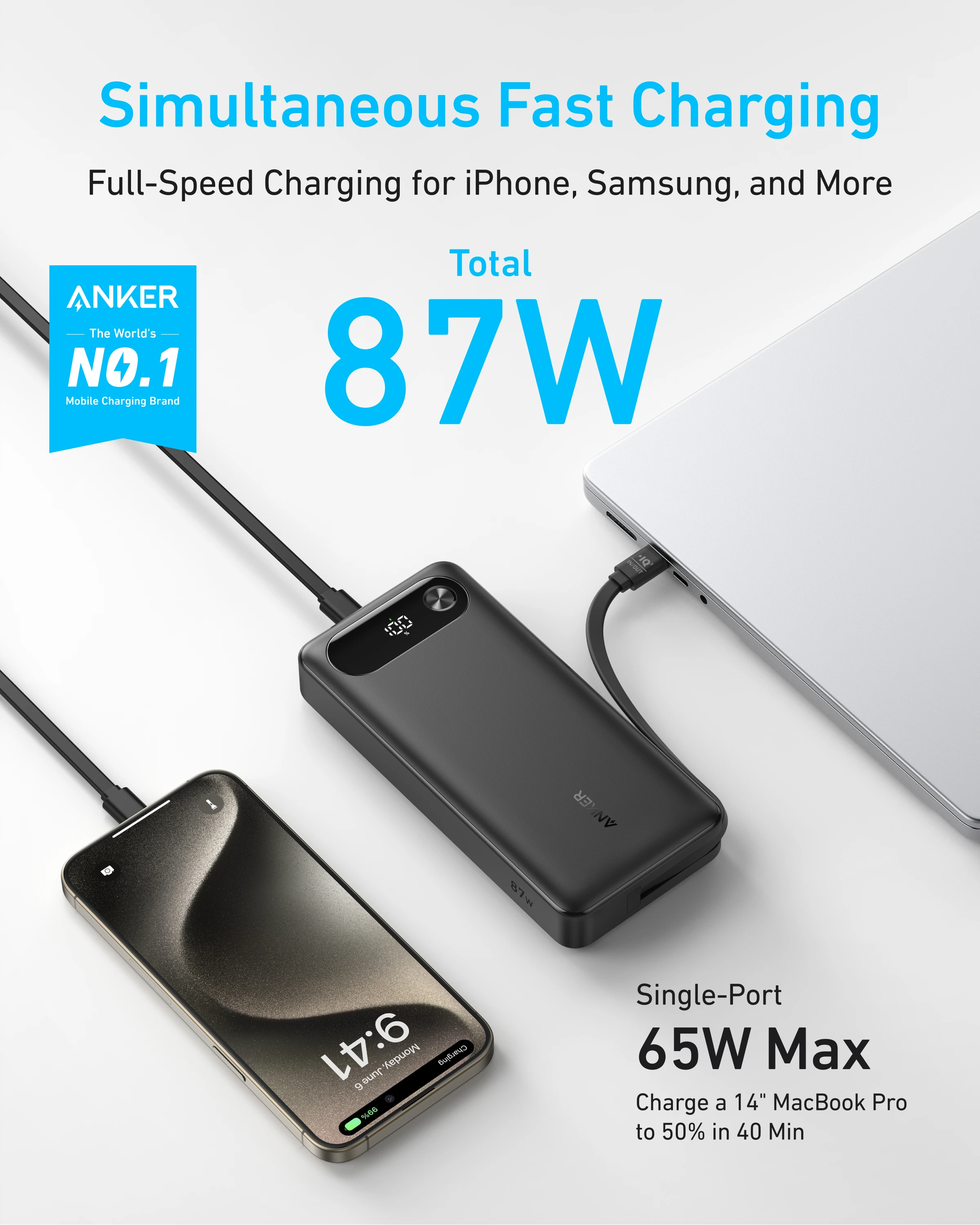 Anker Power Bank شاحن محمول 20000 مللي أمبير في الساعة مع كابل USB-C مدمج بطارية شحن سريع 87 وات 2 USB-C و1 USB-A لهاتف iphone17