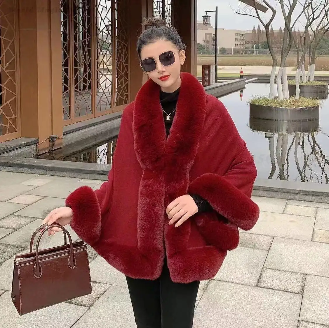 Fall Winter New Women Oversized Knit Cape with Faux Rabbit Fur Collar 60-80Cm 670G Heavy Warm Plus Size Poncho Shawl Coat - view 4
