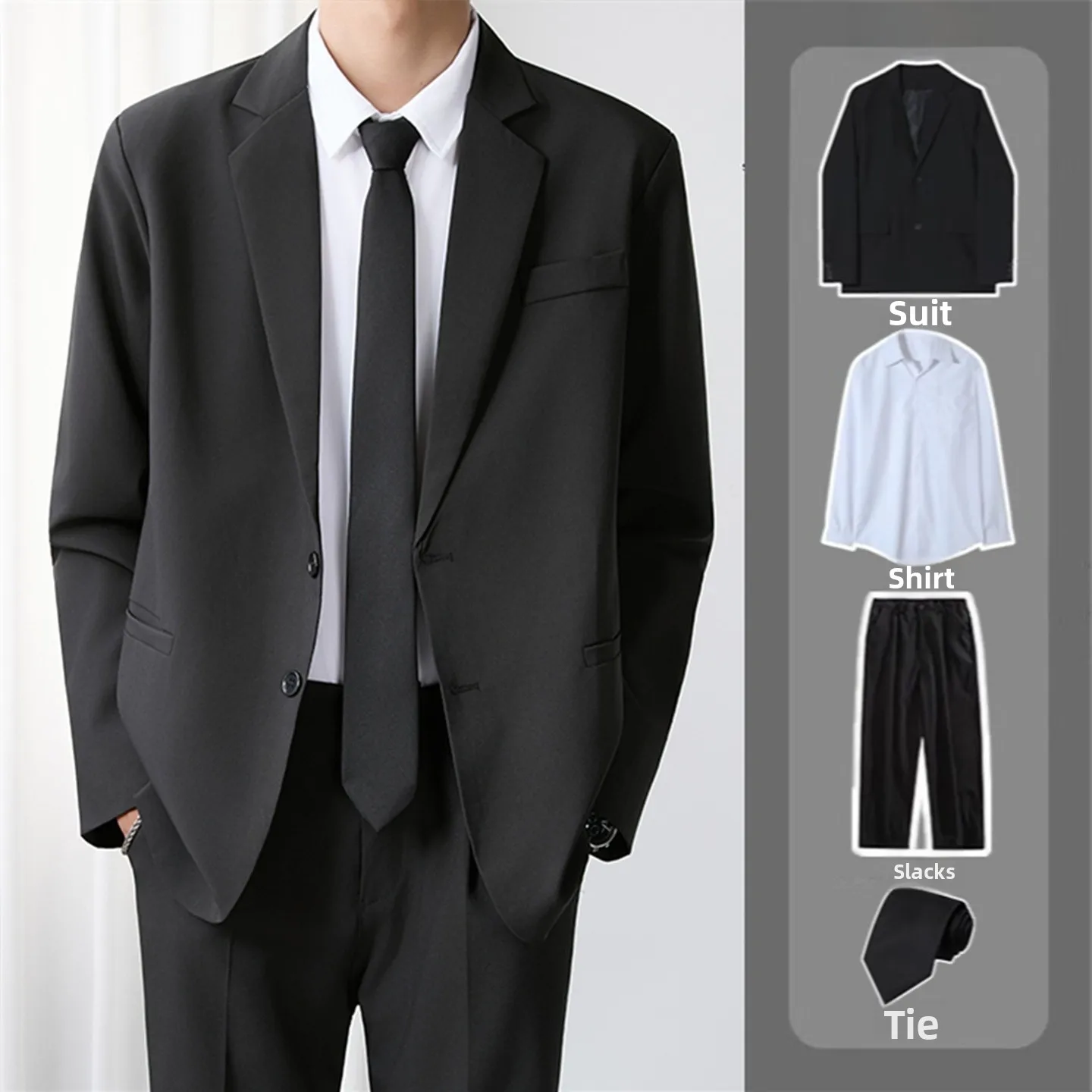 

Business Casual Men's Black Suit Set Long Sleeve Autumn Casual Wear Formal Dressing Coat Standard Fit Adult Standard Length