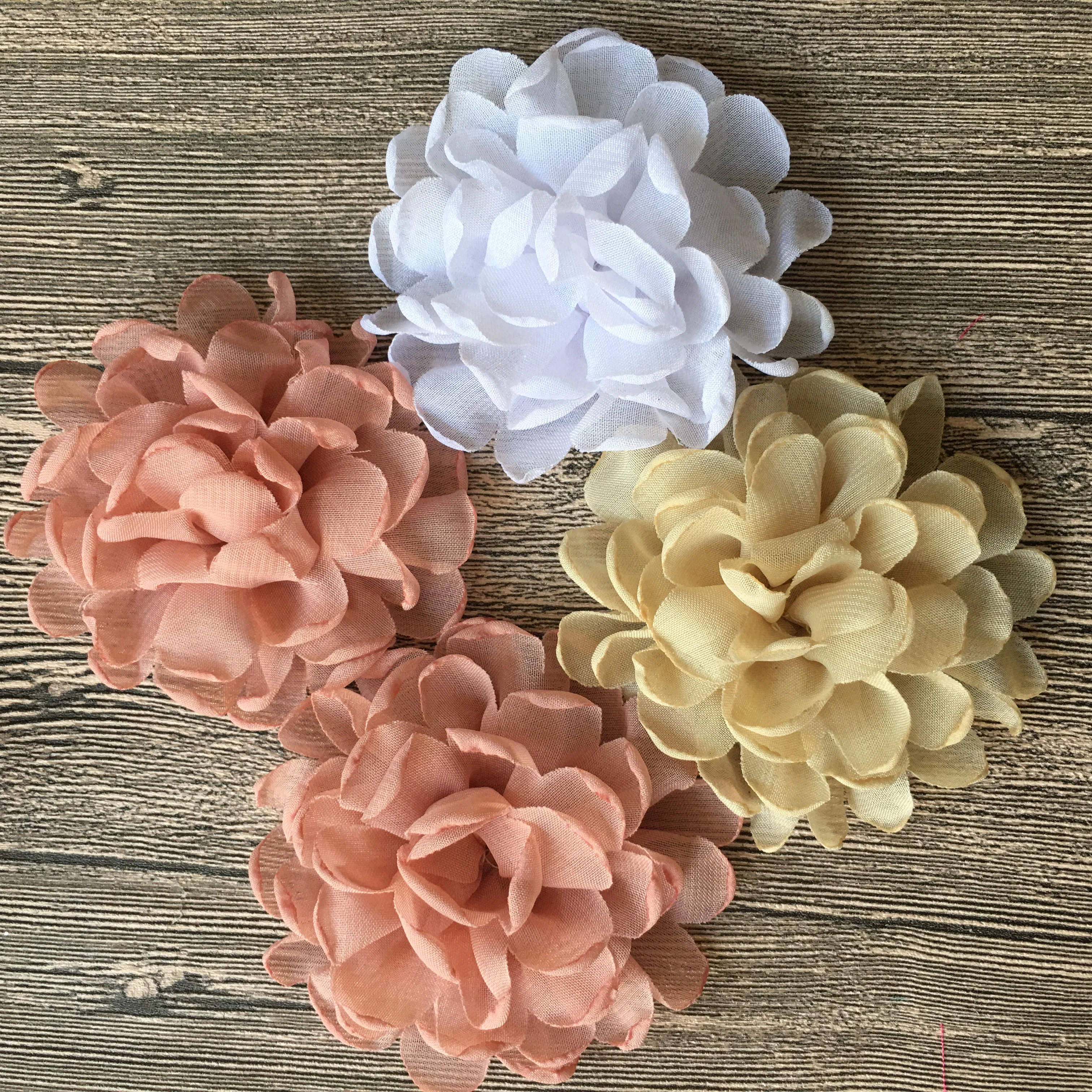 

100Pcs 3.2" Solid Handmade Singed Chiffon Rosette For Baby Kids Hair Accessories Wedding Decoration Women Brooches Pets Flowers