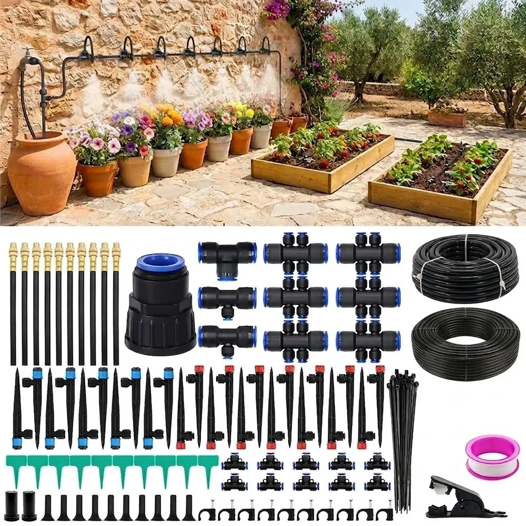 Drip Irrigation Kit with 3 Spray Types Quick Connect Watering for Outdoor Plants Garden Misting System 3 Adjustable Nozzles