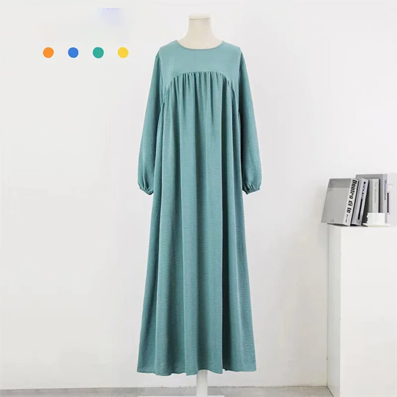

Classic Abaya Long-Sleeved Pullover Dresses For Women Solid Color Pleated Kaftan 2023 Autumn Elegant Plain Turkey Ladies Robe