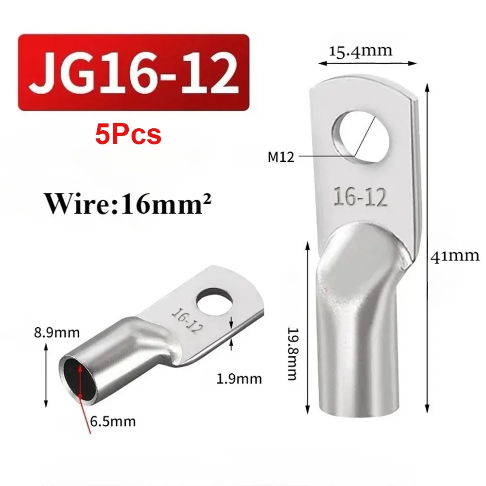 5Pcs JG Series Tinned Copper Cable Lug 14-2AWG M6/M8/M10/M12 Battery Cable Terminal 6/10/16/25mm2 Tinned Copper