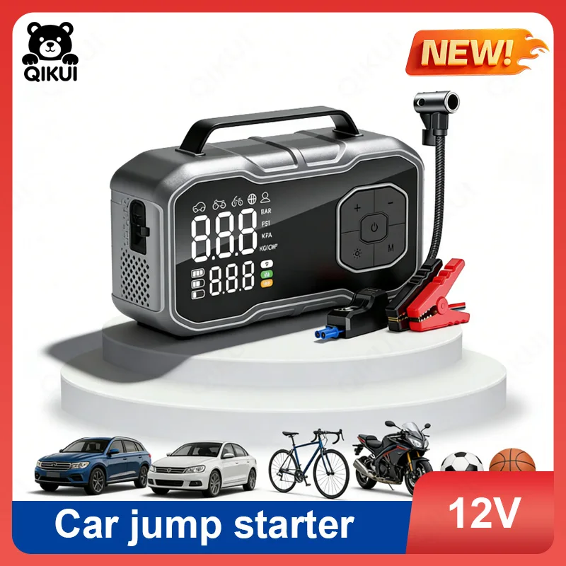 

Portable Emergency Car Jump Starter Power Bank with Built in Air Compressor for Electric Vehicles SUVs Cars Trucks
