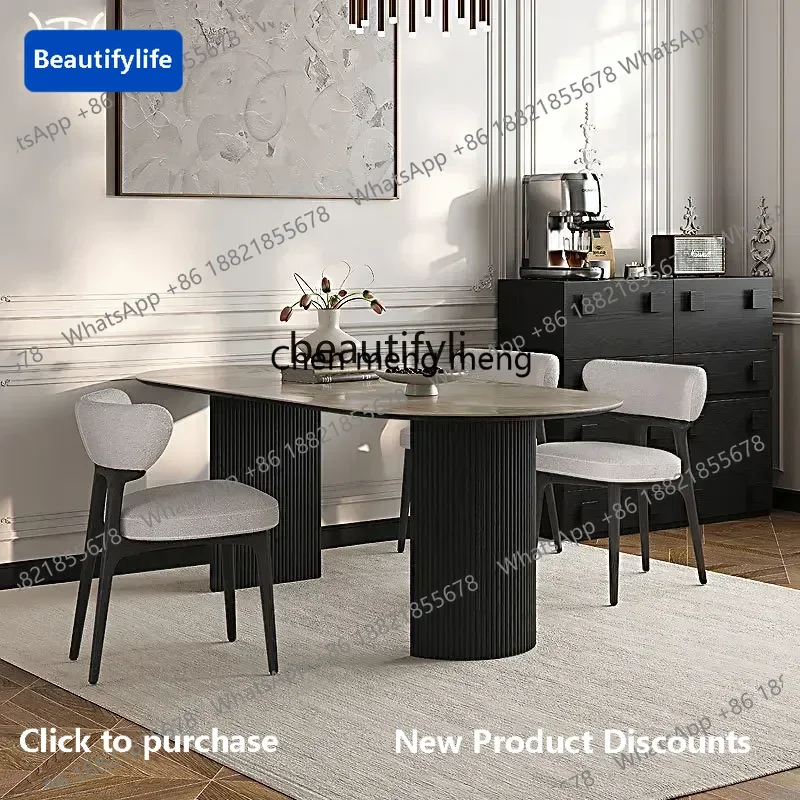 

183French retro rock slab dining table and chair combination modern oval solid wood rock slab dining table