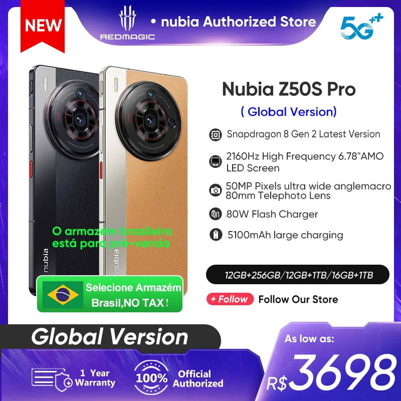 Nubia-Z50S Pro 5G versión Global, Snapdragon 8 Gen 2, última versión, 6,78 pulgadas, cámara Dual de 50MP, carga rápida de 80W, envío a Brasil sin impuestos