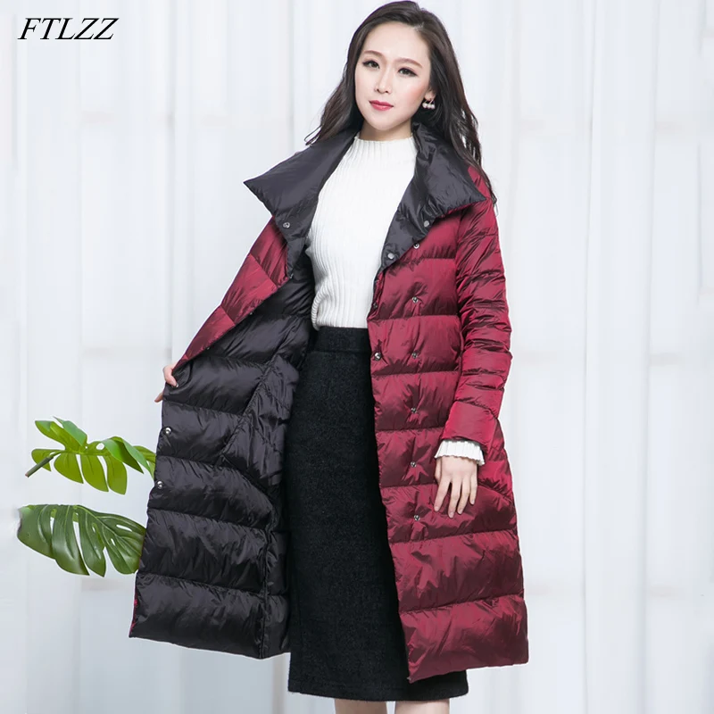 FTLZZ New Women Double Sided Down Long Jacket Winter Turtleneck White Duck Down Coat Double Breasted Warm Parkas Snow Outwear