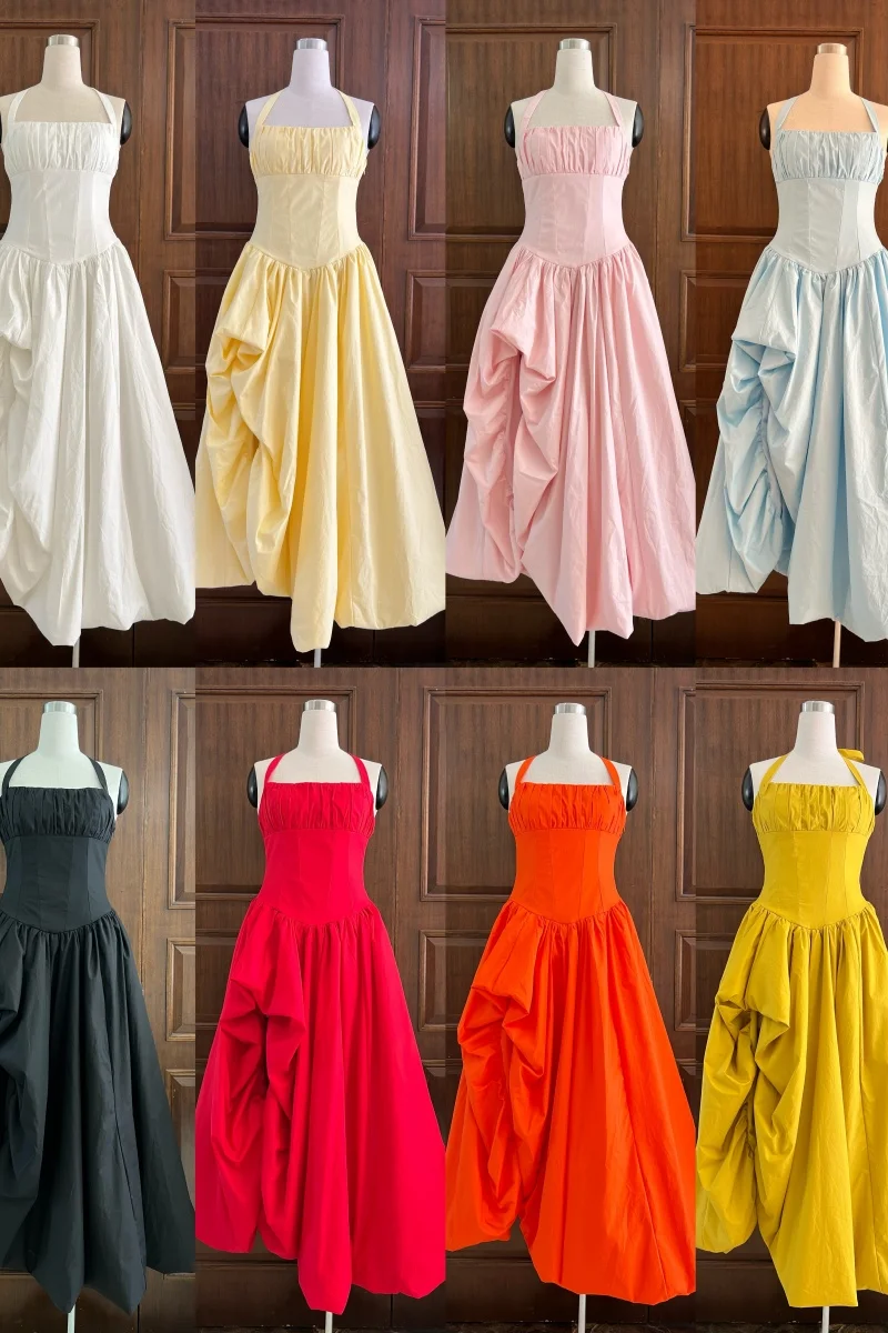 High Quality Solid Color Keira Maxi Dress with Halter Straps and A Tightly Gathered Bust Panel for A Refined Silhouette