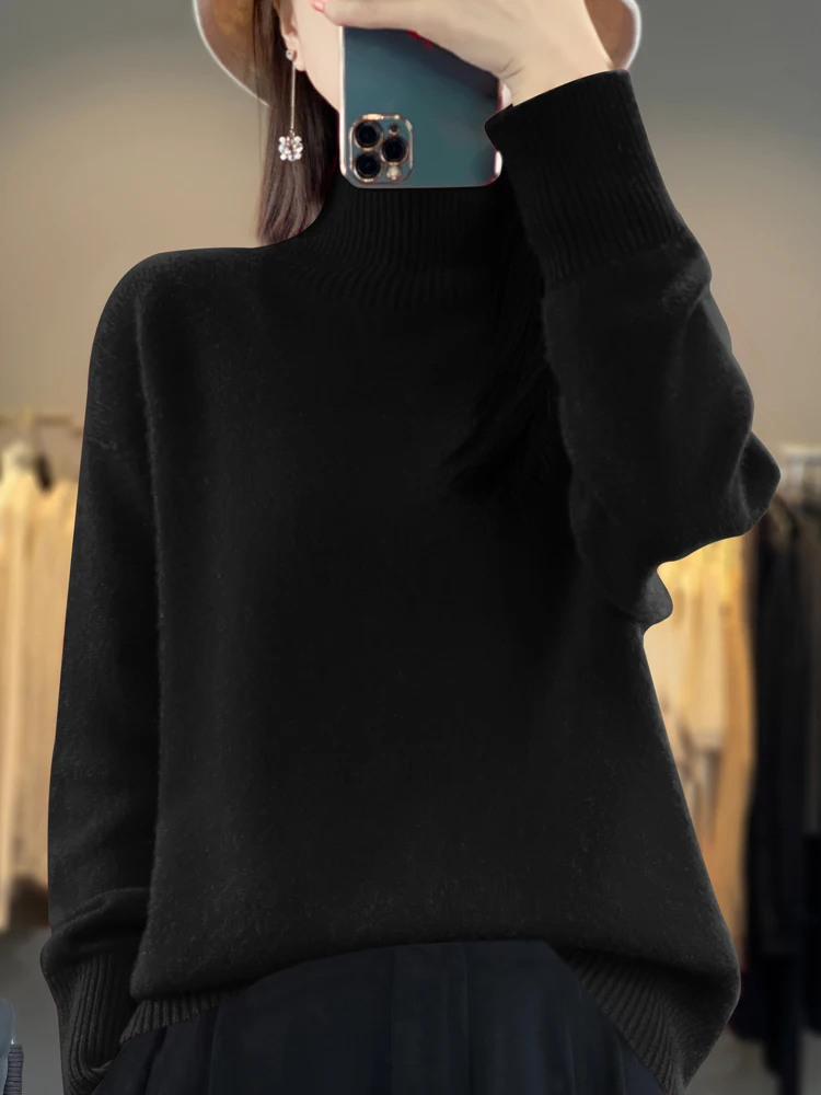 100% Merino Wool Women Loose Sweater Mock-neck Pullover Autumn Winter Thick Long Sleeve Cashmere Knitted Clothes Korean Fashion