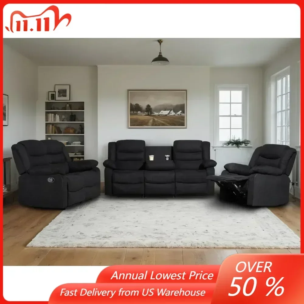 

Recliner Sofa Set,Microfiber Manual Reclining Couch Set, 3 Piece Recliner Set with Loveseat, Dropdown Table& Cup Holders