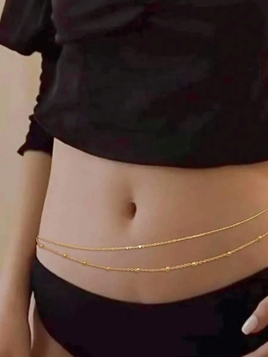 2pcs/Set Sexy Fashion Summer Beach Waist Chain, Copper Beads Double Layer Tassel Waist Chain, Body Chain Jewelry Accessories, Summer Belly Button Waist Chain Sexy Waist Beaded Gold Body Chain And Belly Chain Waist Belt Jewelry,