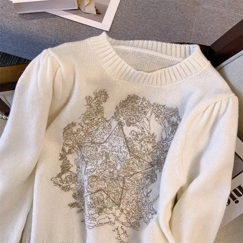 Women Vintage Print Y2K Fairy Simple Chic All Match Knitted Sweater Female White Casual O Neck Long Sleeve Pullover Tops Jumpers