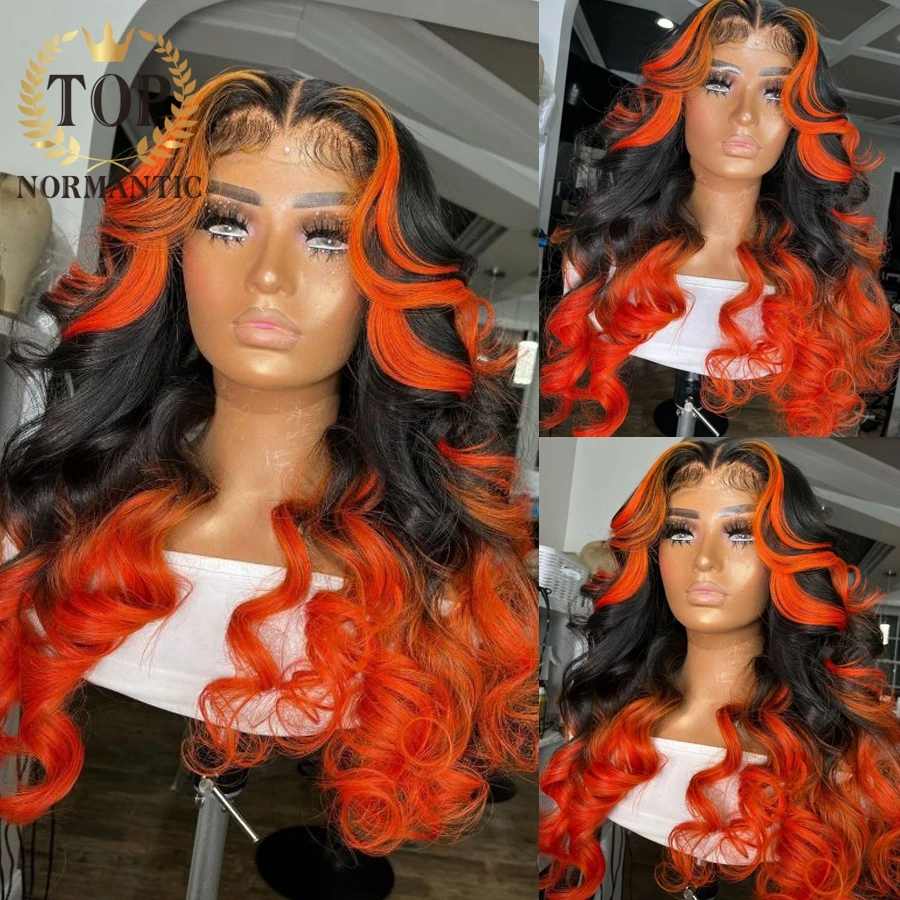 Topnormantic Highlight Orange Color Human Hair Wig with Pre Plucked Hairline 13x6 Lace Front Body Wave Wigs for Women