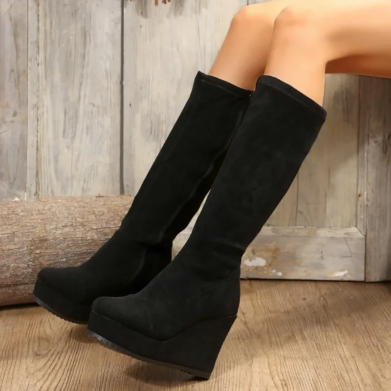 2023 Winter Punk Gothic Wedge Heel Suede Women\'s Boots Classic Party Chic Knee High Boots  Gothic Platform Shoes for Women