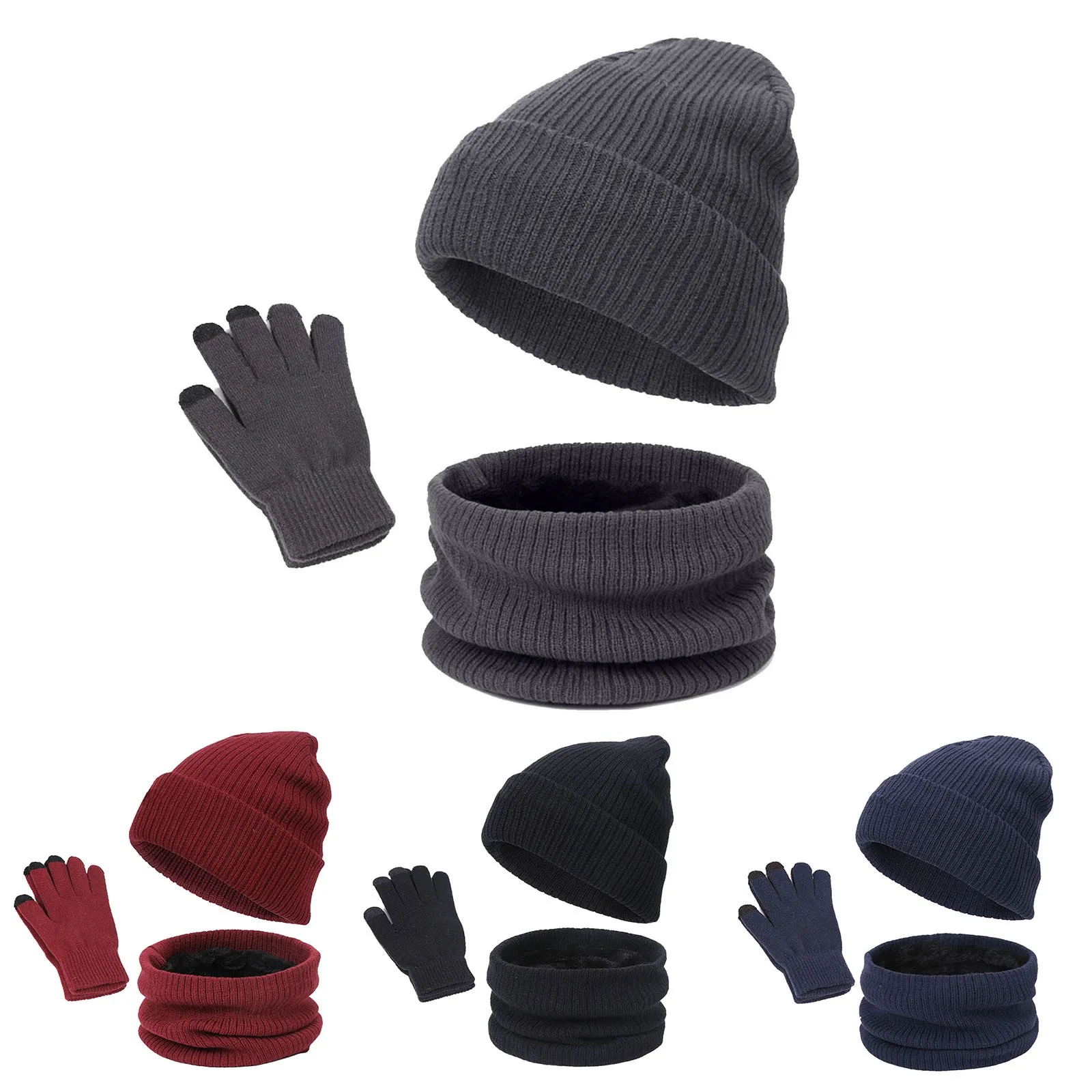 

Women&Men Autumn Winter Warm Cute Wool Hat Scarf Gloves Slouchy Three Pieces Winter Snow Knit Cap Screen Mittens Hat Gloves Set