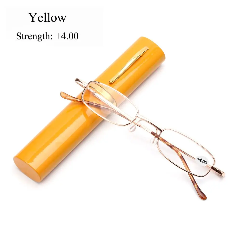 

Unisex Small Compact Spring Hinge Metal Case Reading Glasses with Pen Tube Case Portable Presbyopic Glasses