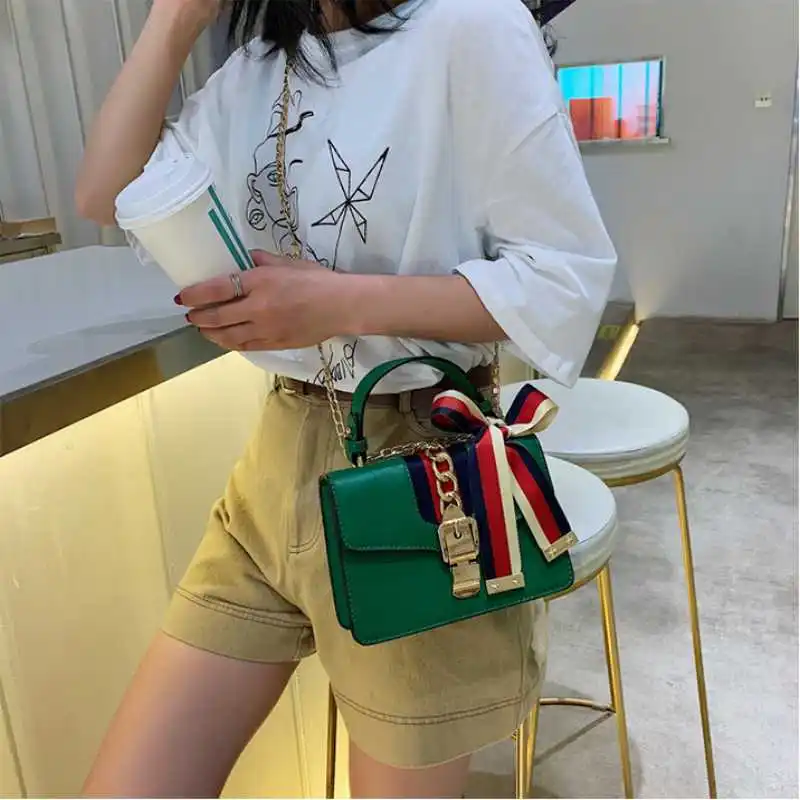 Women\'s Fashion PU Chain Handbag Female Korean Trend Silk Scarf Shoulder Messenger Bag Ladies All-match Casual Small Square Bag