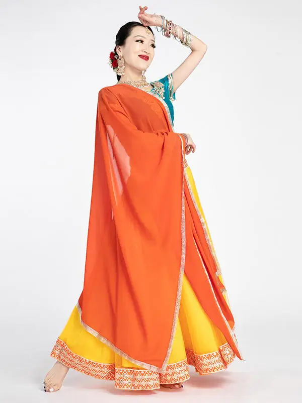 Women Colorful Indian Lehenga Choli Set Embroidered Crop Top Long Skirt With Tulle Dupatta For Dance Show Portrait Shooting