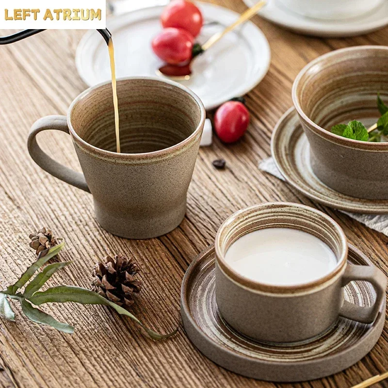 Japanese Style Stoneware Coffee Cup and Saucer Set Handmade Retro Mark Cup 350ml Large Capacity Household Milk Breakfast Cup