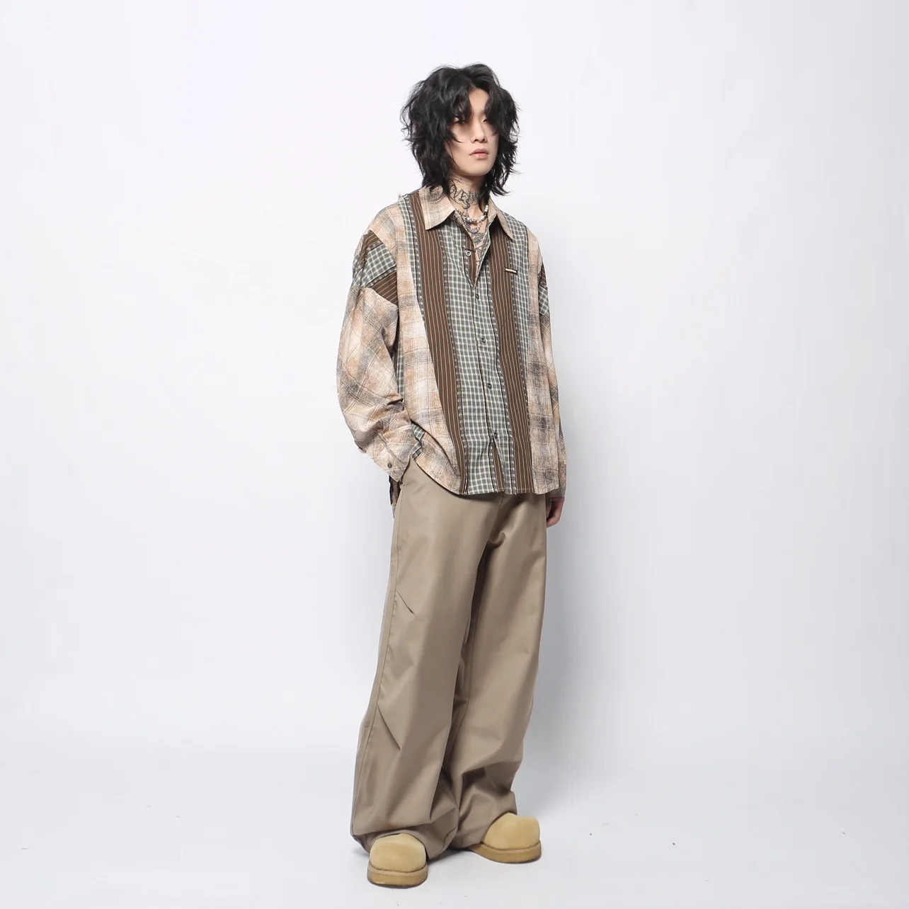 2025 Spring and Autumn New American Retro Wasteland Style Men's Coffee Color Patchwork Plaid Turn-Down Collar Long Sleeve Shirt