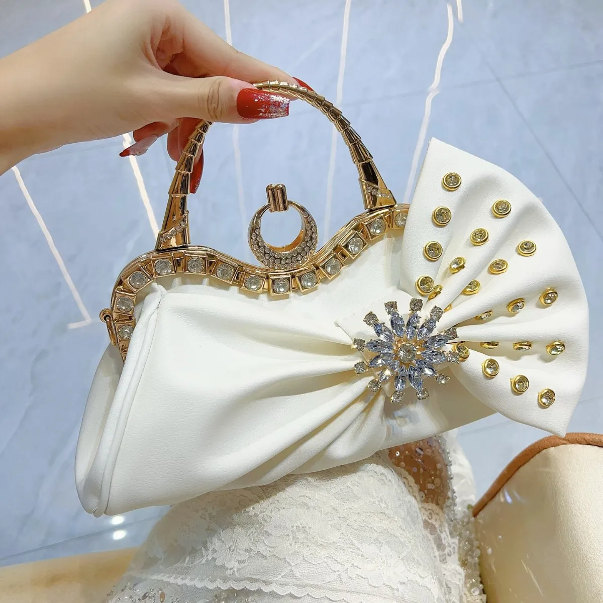 New French Shiny Luxury Handmade Diamond-encrusted Banquet Bag Bow Wedding Party Dress Handbag Designer Bag Women Luxury 2025