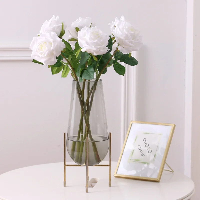 Real Touch Artificial Pink White Roses Wedding Flowers Latex Fake Rose Branch Flower Arrangement Farmhouse Decor Home Decoration