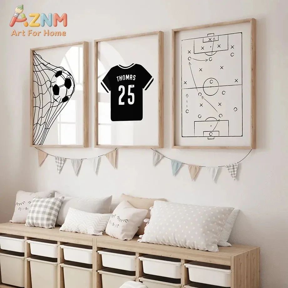 AZNM Custom Name Soccer Jersey Canvas Wall Art Football Goal Ball Tactical Board Poster Print for Boys Bedroom Sports Room Decor