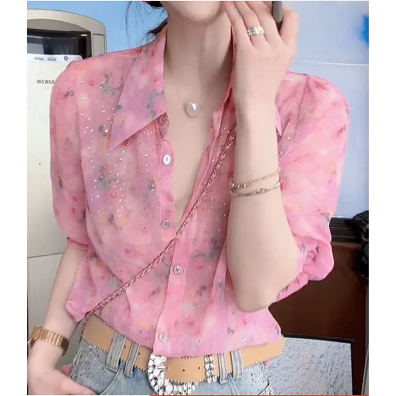 Unique Korean Style Beautiful Shirt Women's Spring New High Grade Elegant Rhinestone Floral Open Cardigan Top