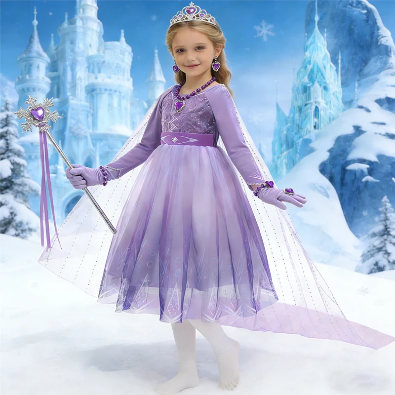 Girl Cosplay Princess Dress Princess Elsa Dress Children's Carnival Party Clothing Purple Mesh Festival Performance Costume