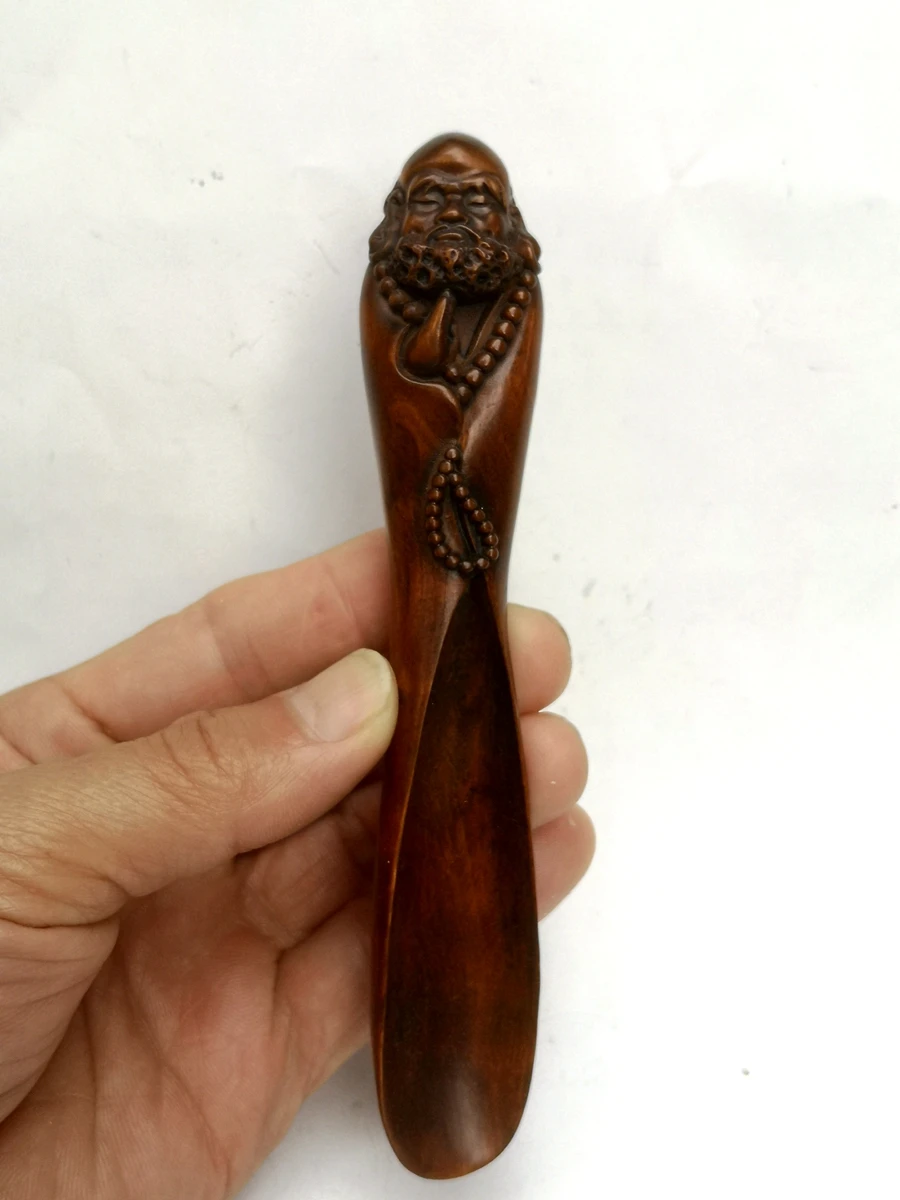 YIZHU CULTUER ART Japanese boxwood carved Bodhidharma Statue Tea Spoon statue collectable L 6.2 in