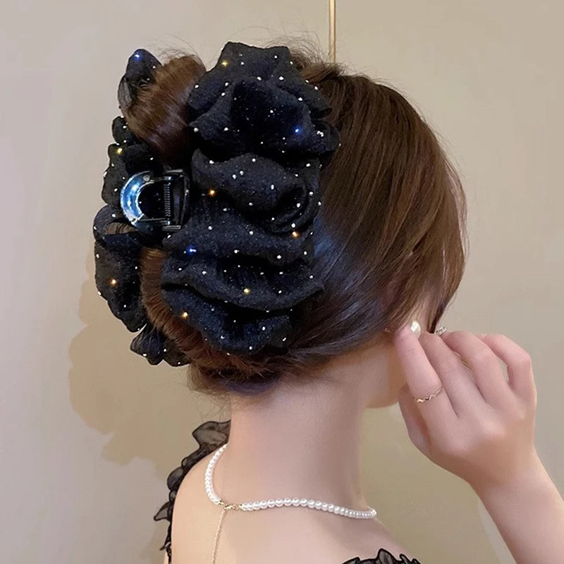 New Summer Sweet Mesh Tulle Star Bubble Hair Claw Clips For Women Solid Ponytail Clip Headdress Accessories