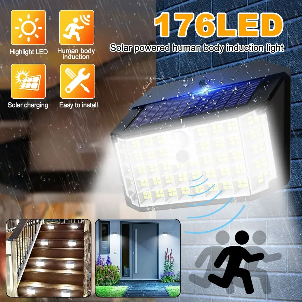 

3 Modes Solar Outdoor Lights 176 LED Solar Powered Motion Sensor Flood Lights IP65 Waterproof Wall Lamp For Outside Porch Yard