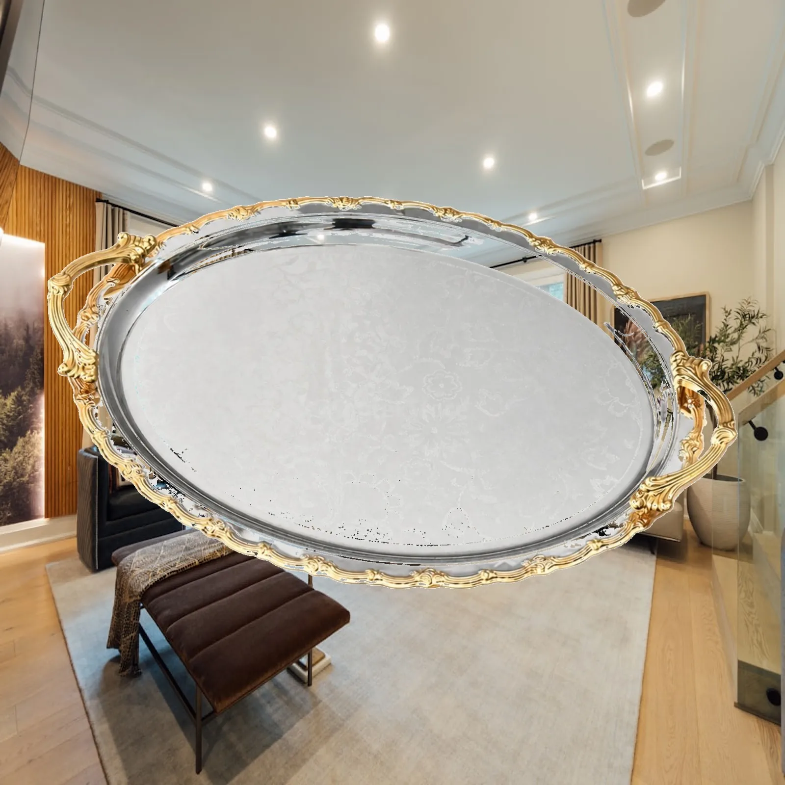 Gold Trim Oval Serving Tray for Formal Dinner Parties Afternoon Tea and Special Occasion Use