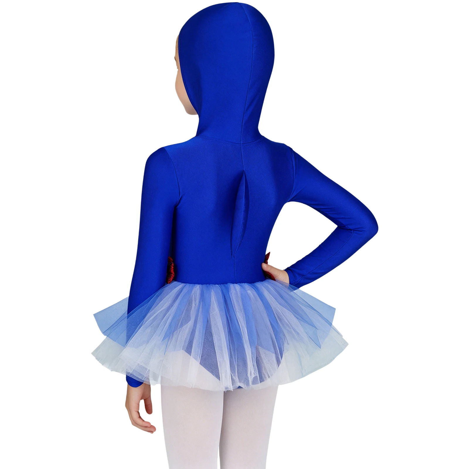 Kids Girls Shark Costume Ballet Dance Gymnastics Leotard Long Sleeve Sequins Hooded Tulle Dresses for Halloween Party Cosplay