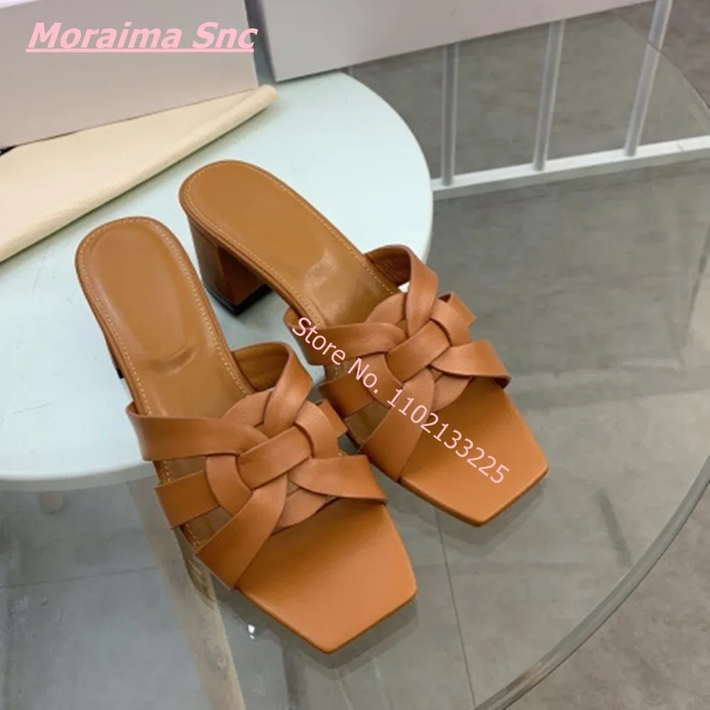 2024 Summer Women New Weaven Slippers Sexy Design Elegant Square Toe Block Chunky Heel Outdoor Concise Brown Solid Ladies Shoes