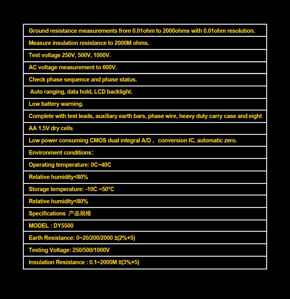 DUOYI-multímetro Digital multifunción DY5500, probador de tierra de aislamiento, voltímetro, indicador de fase, 4 en 1, 0.01ohm a 2000 ohmios