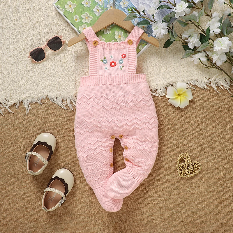 Rosa Baby Mädchen Blumen Strampler Ärmellos Gestrickte Neugeborenen Strap Overalls 0-9m Ein Stück Kleinkind Outwear Playsuits Kleidung