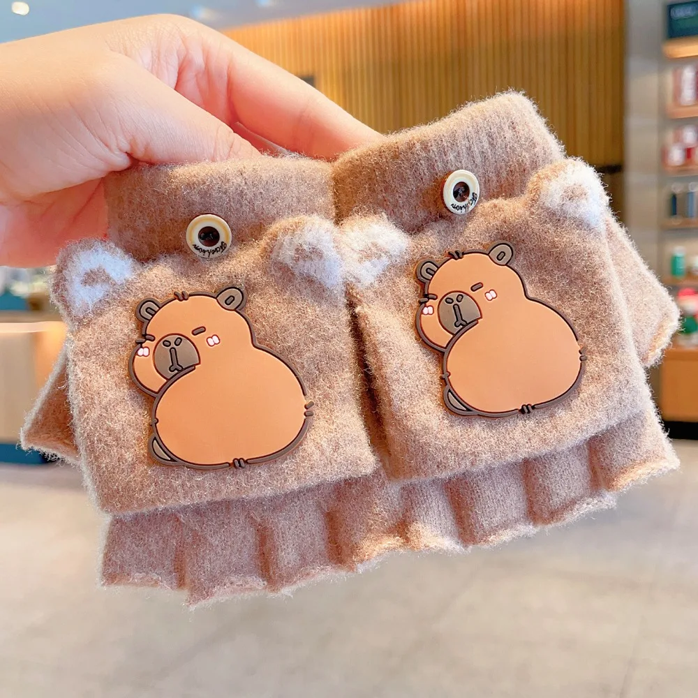 

New 6-10 Years Old Half Gloves Thickened Cute Capybara Knitted Mitten Cold-Proof Elastic Winter Flip Gloves School