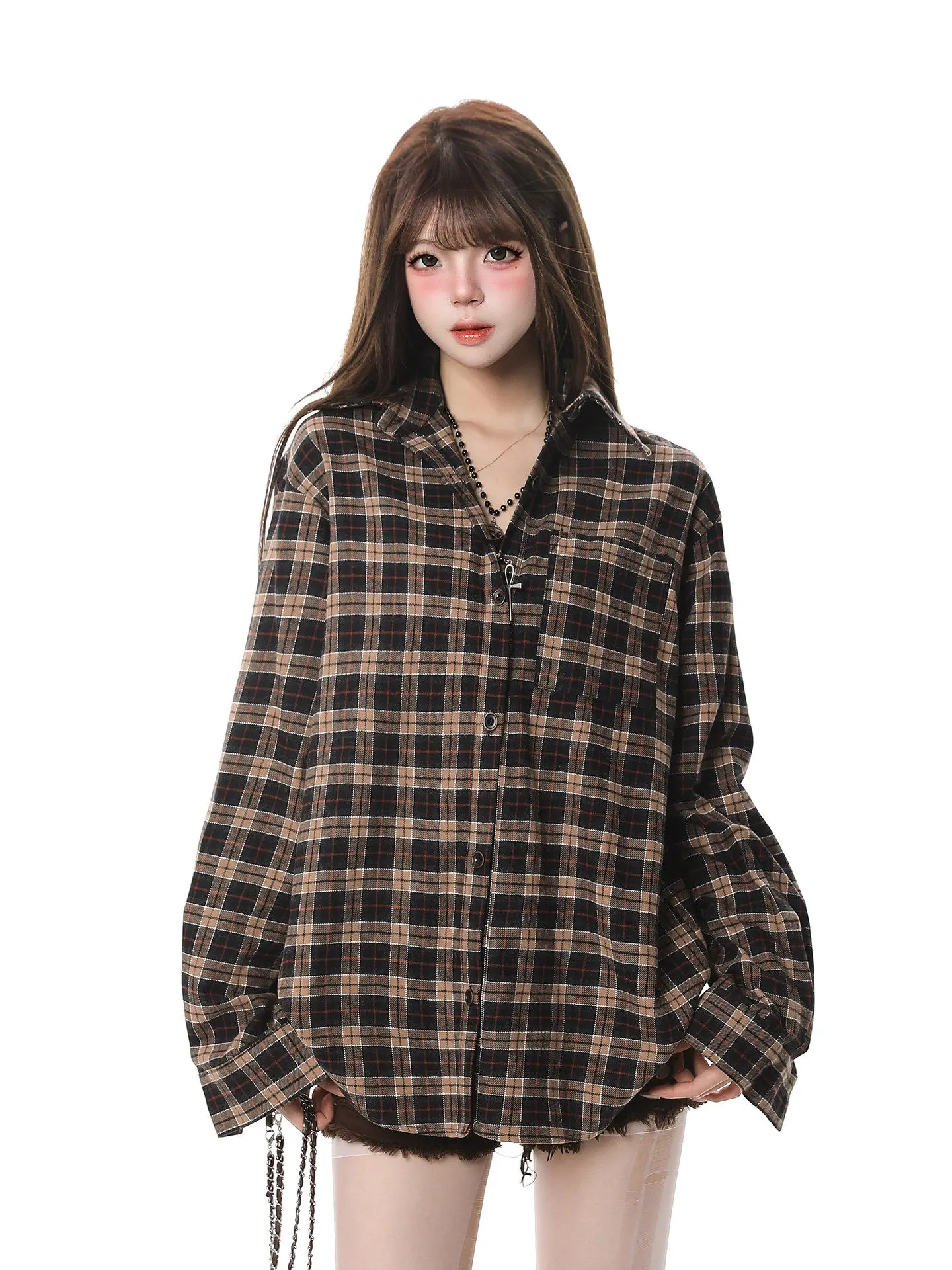 

American Sle Retro Plaid Long Sve irt Women Spring New College Sle Lazy Casual Loose irt Jaet for Girls