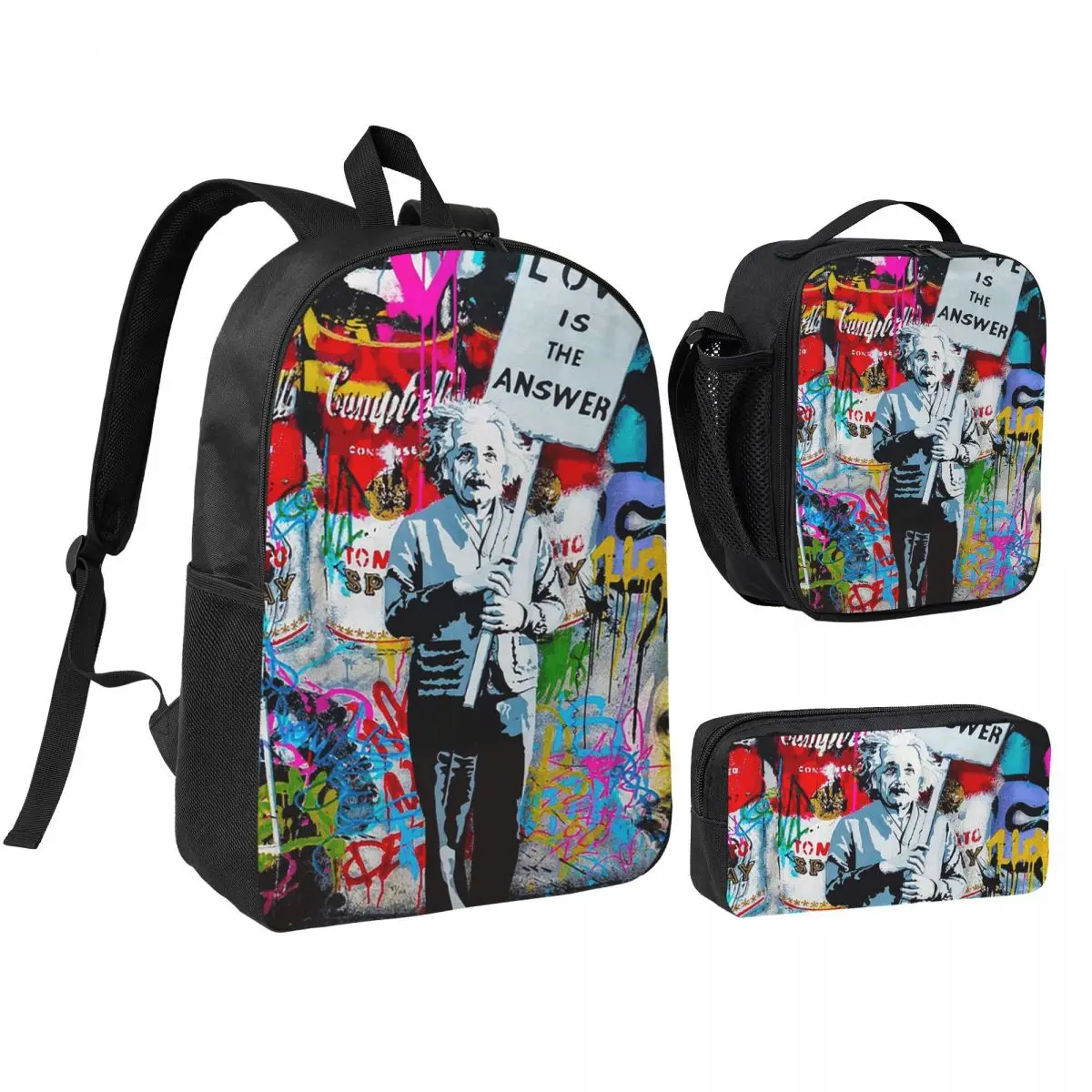 Banksy Love Is The Answer Backpack Student BookBag School Bag Shoulder Bags 3ps Insulated Lunch Bag Pencil Case