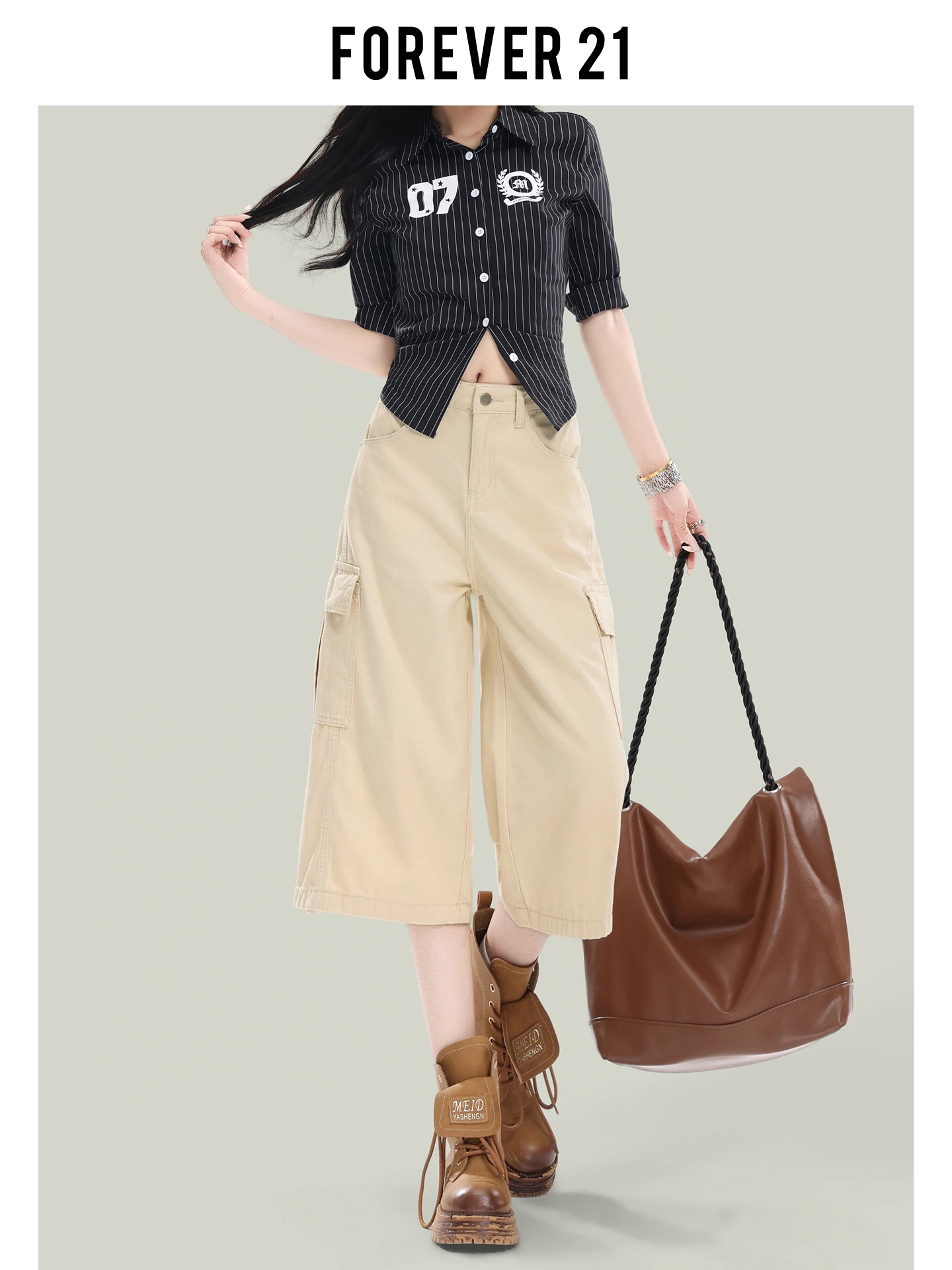 Vaqueros de trabajo de cintura alta y pierna ancha Forever 21, estilo americano, color caqui, corte recto, pantalones de mujer, diseño holgado de siete cuartos.