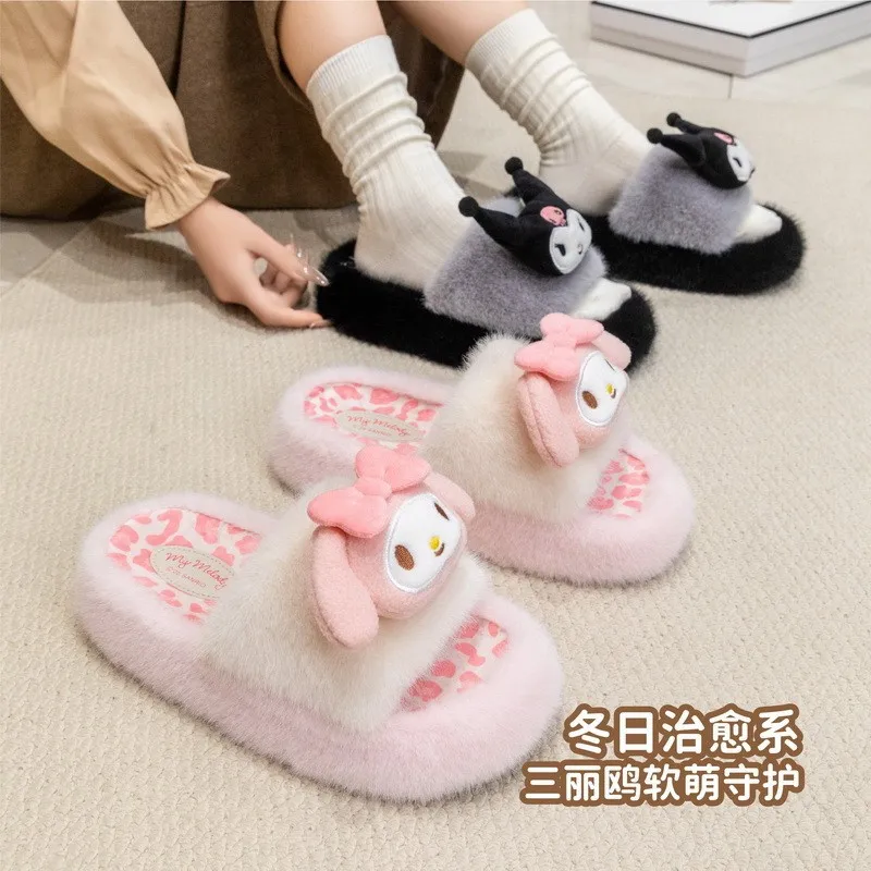 Cute Sanrio Kuromi Fluffy Platform Slides Women Leopard Print Soft Plush Warm Non-Slip Wear-Resistant Home Winter Slippers view 4