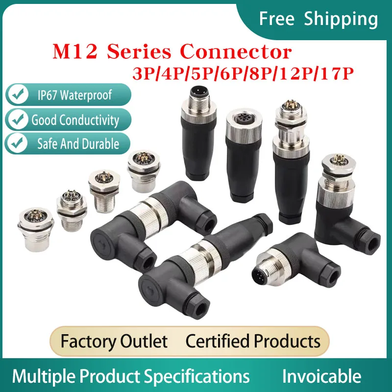 

5/20 PCS M12-3/4/5/6/8/12/17 PIN Straight/Curved/Flange IP67 Waterproof Male Female Sensor Aviation Plug Solderless Connector