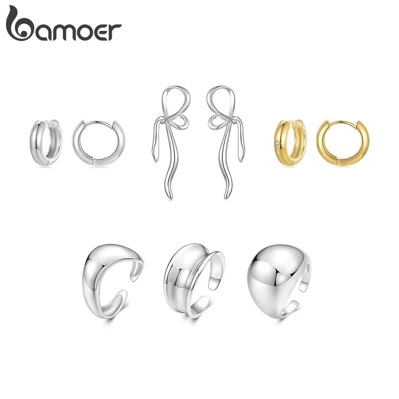 Bamoer Original Large Band Big Ring Bow Earrings Hoop Wave Polished Copper Simple for Women Anniversary Fashion Jewelry Set Gift