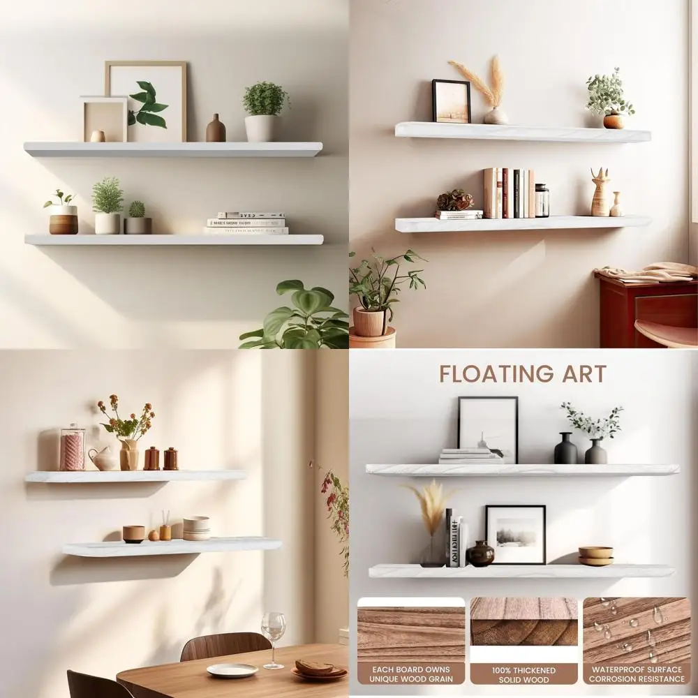 

Set of 2 - 36 Rustic Wooden Wall Shelves with Invisible Brackets for Home Décor