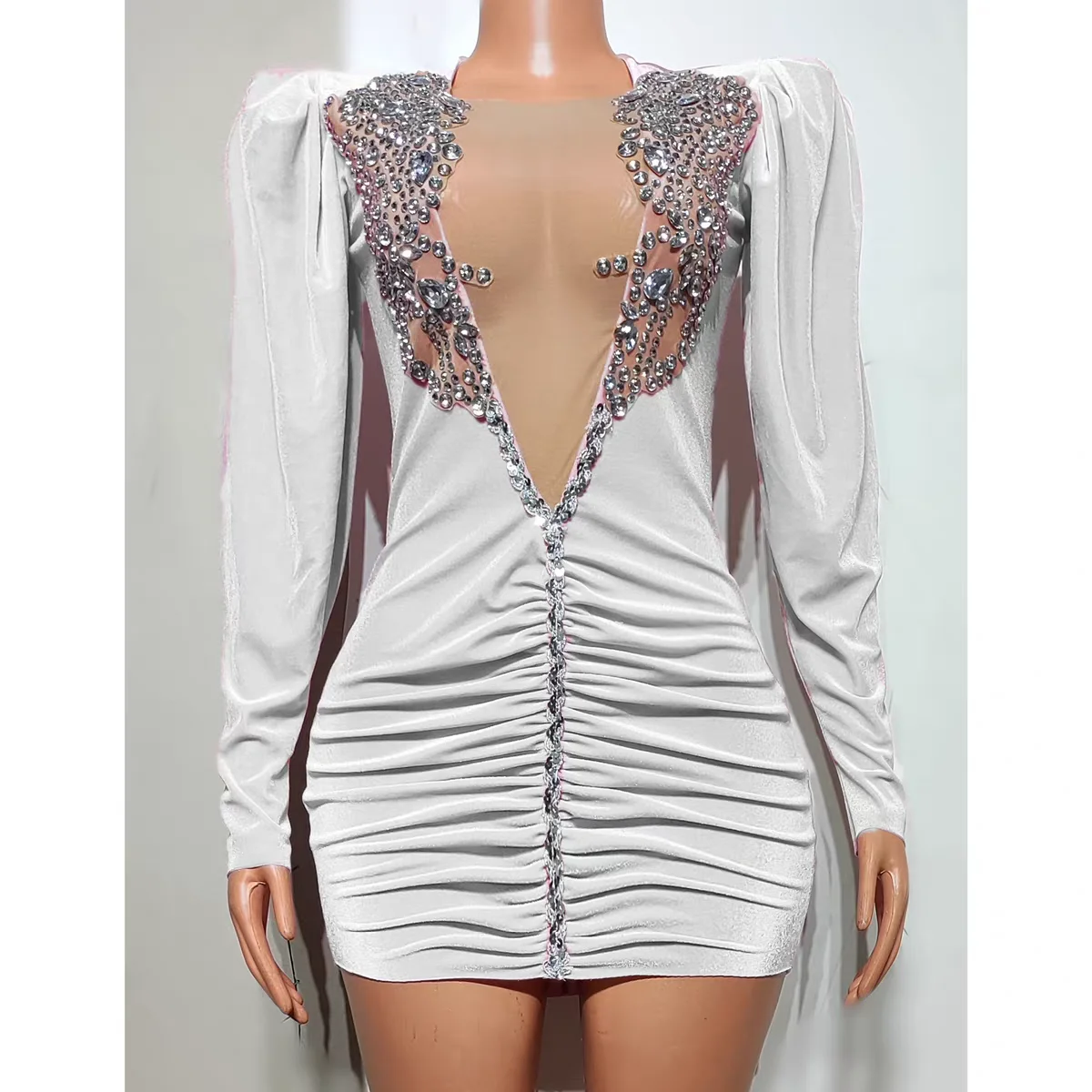 Falda corta de manga larga con tachuelas de diamantes para mujer, traje Sexy para club nocturno, DJ, Bar, cantante, equipo de baile, actuación, fiesta temática