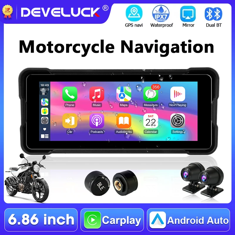 6.86 inch Motorcycle Carplay Screen GPS Navigation Wireless Android Auto IPX7 Waterproof Display Dual Bluetooth Support DVR+TPMS