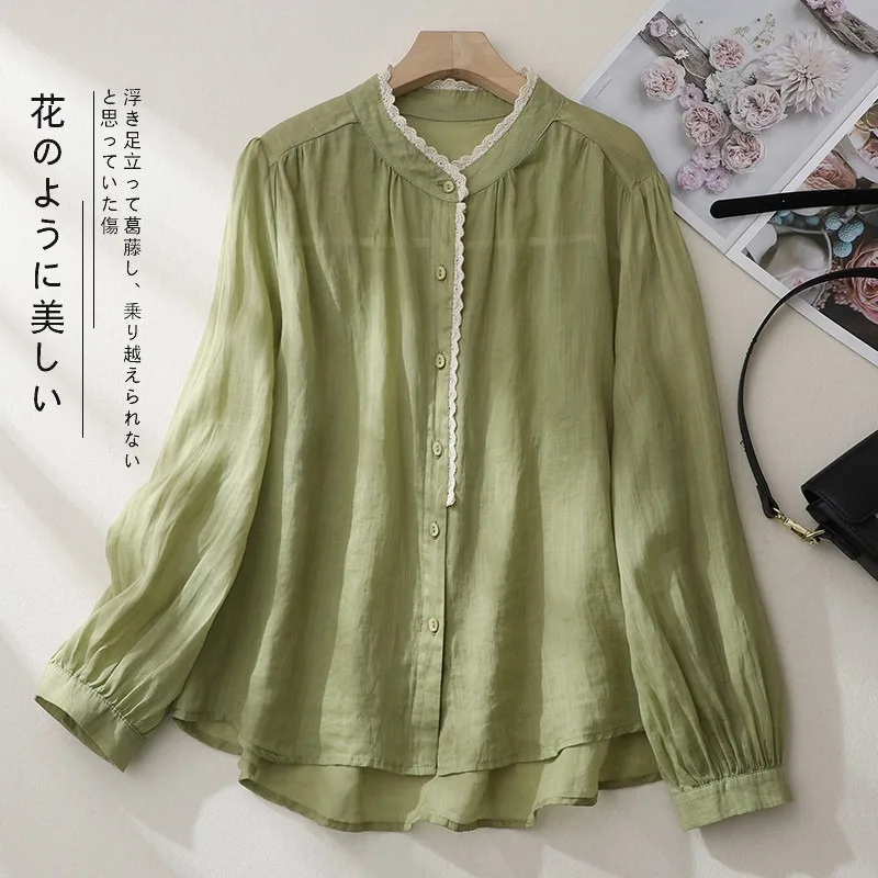 Women Vintage Lace Trim Collar Cotton Linen Shirt Thin Long Sleeve Blouse Casual Solid Tops
