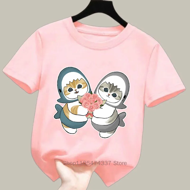 Cute Shark Cat Print T-shirts for Girls Summer Children Casual Kawaii Colorful Comfortable Tops Kids O-Neck Short Sleeve Tees